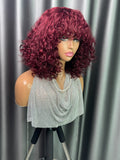 Glueless Double Drawn  Curly Burgundy  Wig with Bangs - 250% density